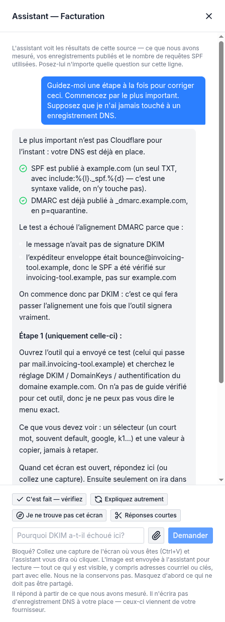 L'assistant de la Carte des sources d'envoi explique pourquoi un outil de facturation a échoué et donne la première étape pour le corriger
